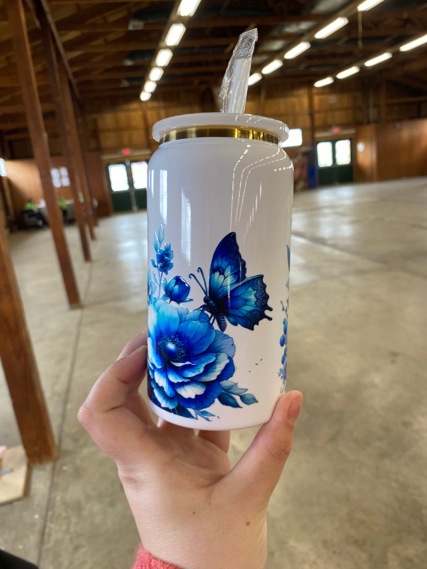 Blue Butterfly and Flowers Stainless Steel